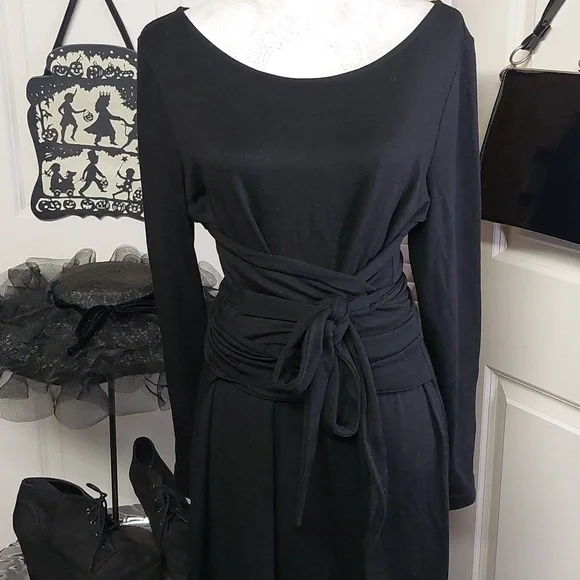 Black Long Sleeve Dress With Fabric Wrap Waist Talbots Large - Picture 7 of 11